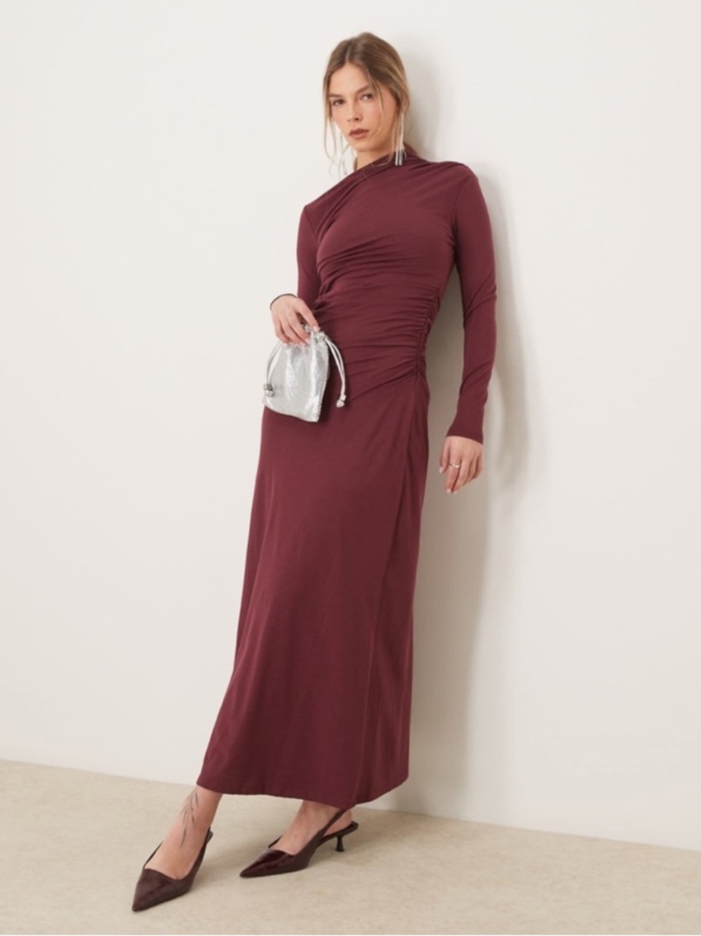 Abercrombie & Fitch Long-Sleeve Ruched Maxi Dress in Wine